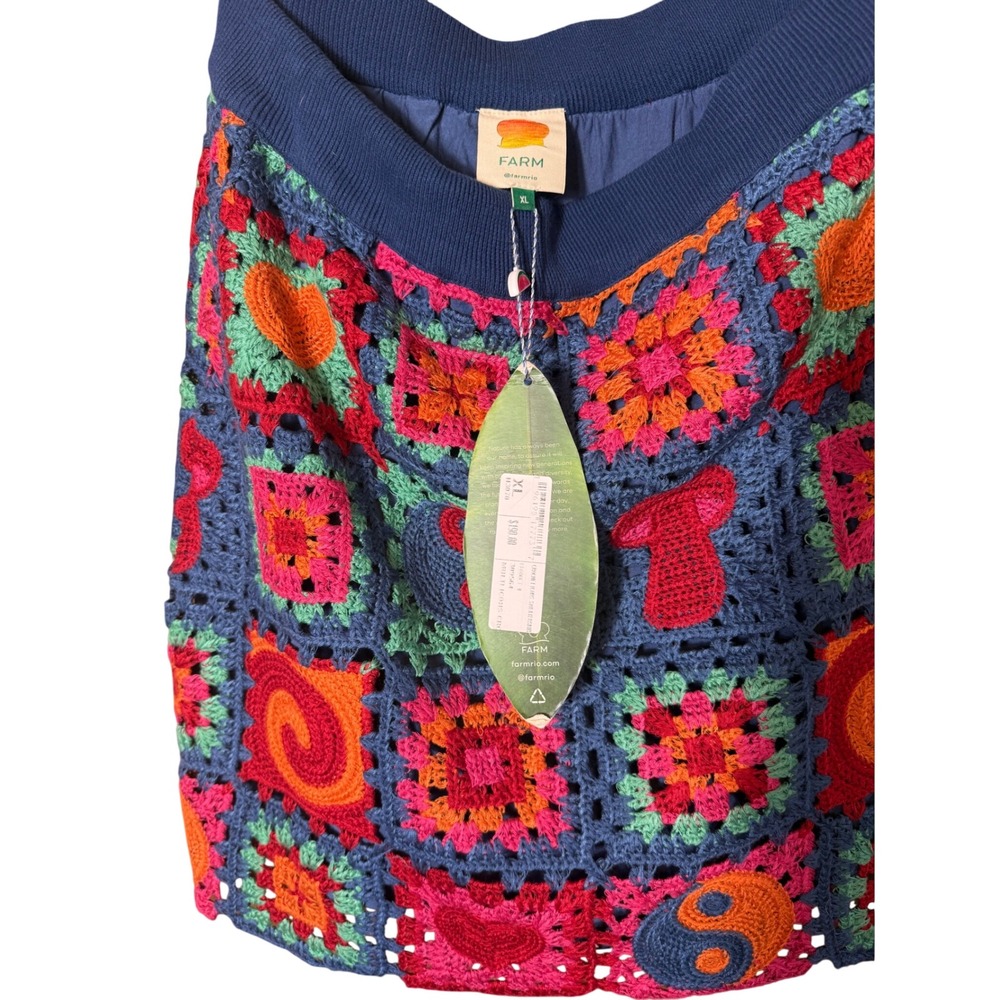 Farm Rio Crochet Mini Skirt Womens XL Blue NWT Multi Granny Square Mushroom - Picture 6 of 15